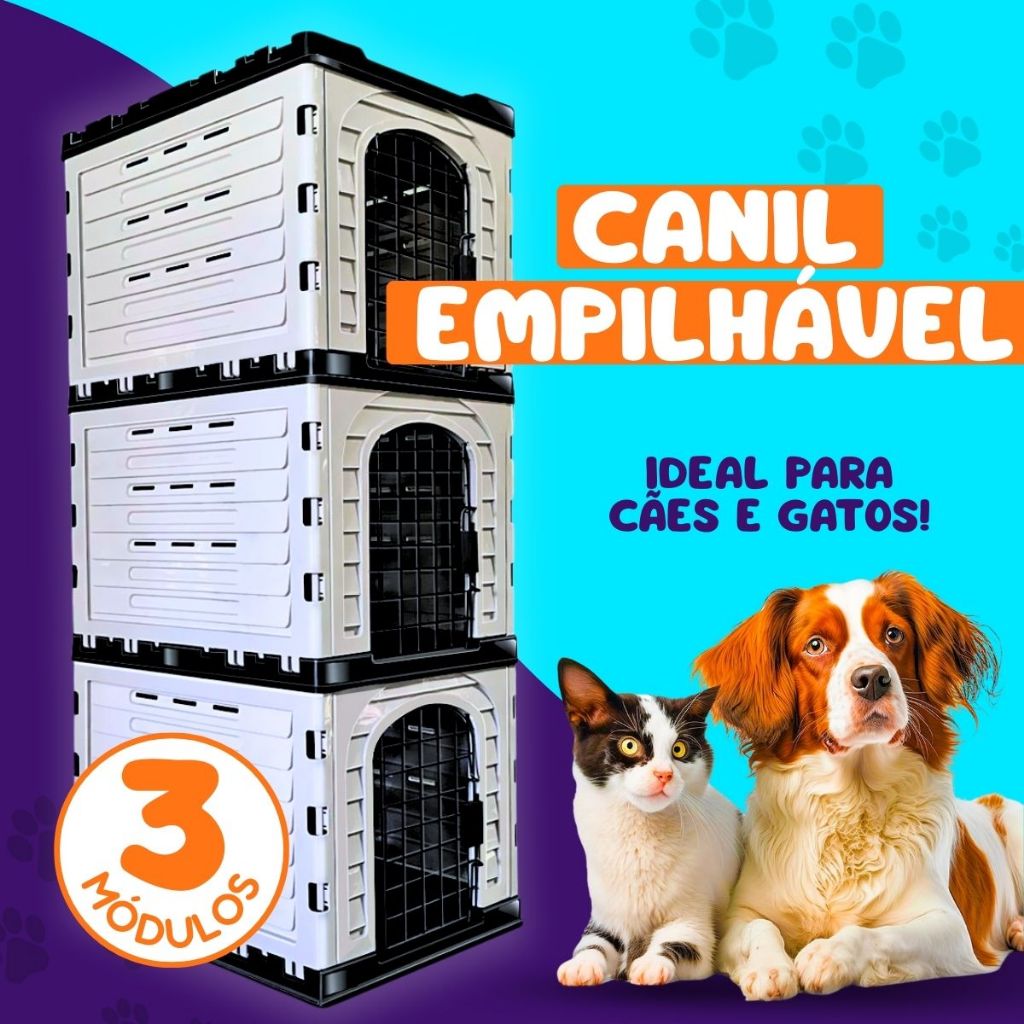 Canil Cachorro Empilhável 3 Módulos Por Encaixe Cães e Gatos Pet Shop