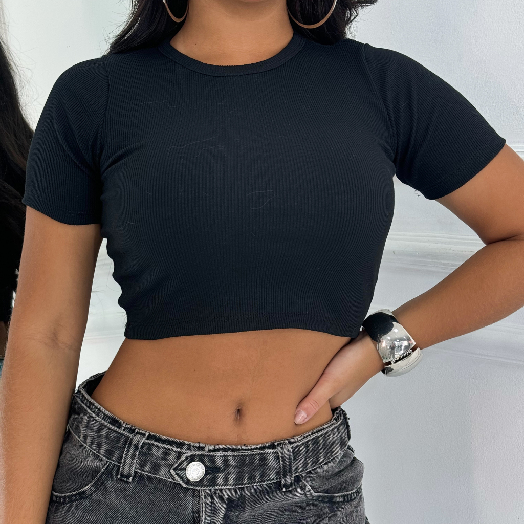 Cropped Feminino Manga Curta Gola Redonda Canelado Ribana Premium Básico Casual Algodão