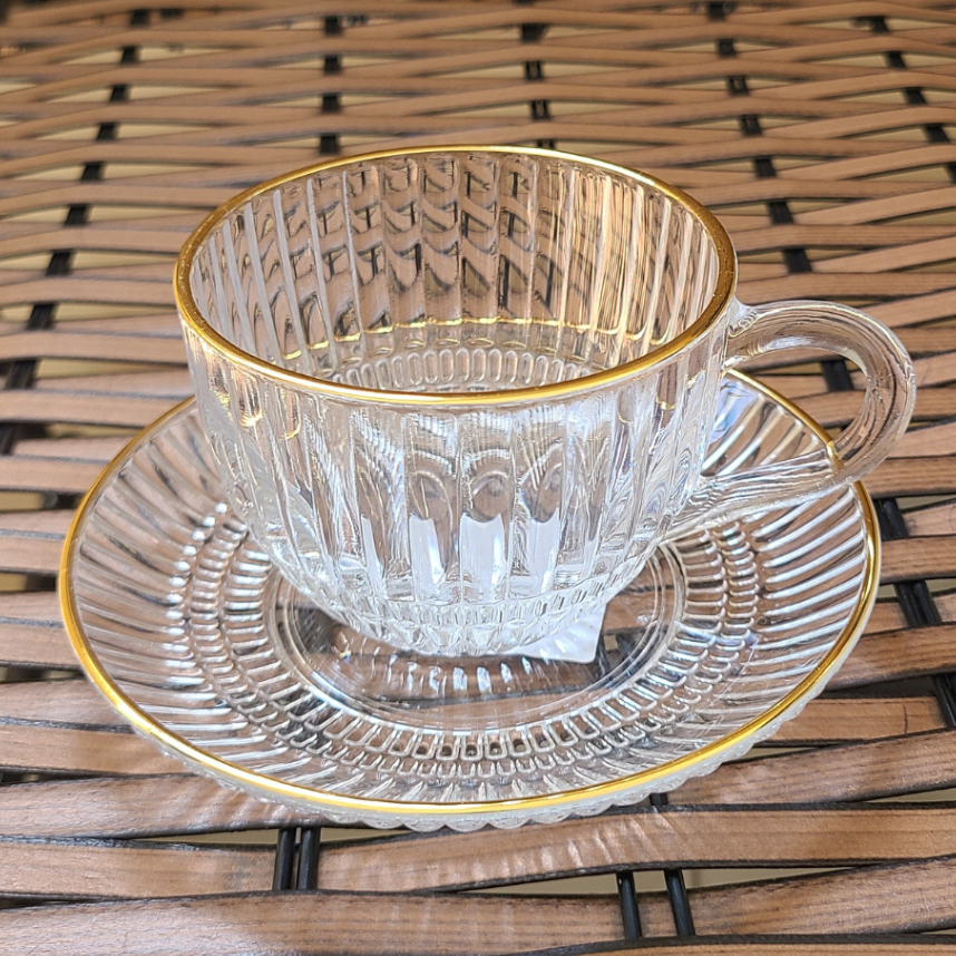 Conjunto 6 Xicaras Com Pires Vidro com Borda Dourada 200Ml Xicara De Cafe Grafiatto Luxo