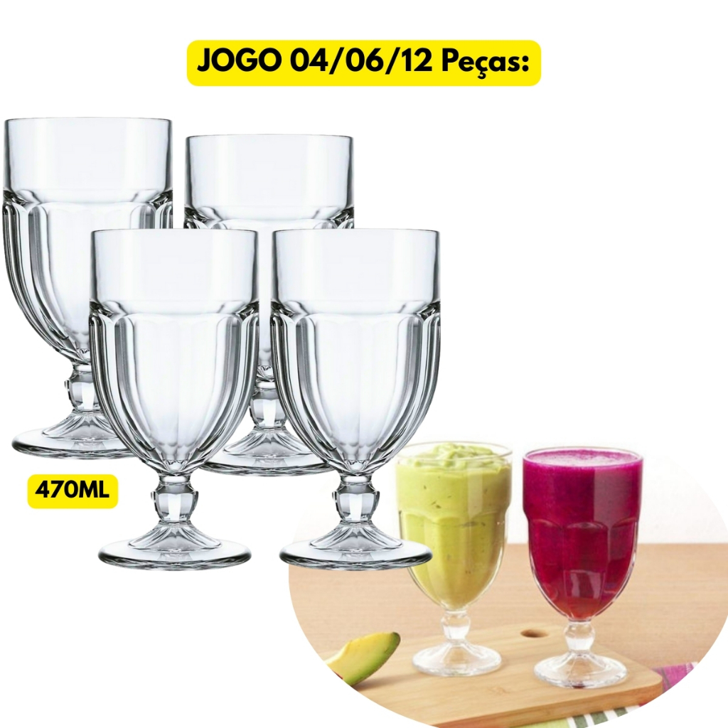 Jogo Kit 04/06/12 Taças Bristol Vidro Duralex Transparente 470ML Sorvete Sobremesa Doce MilkShake