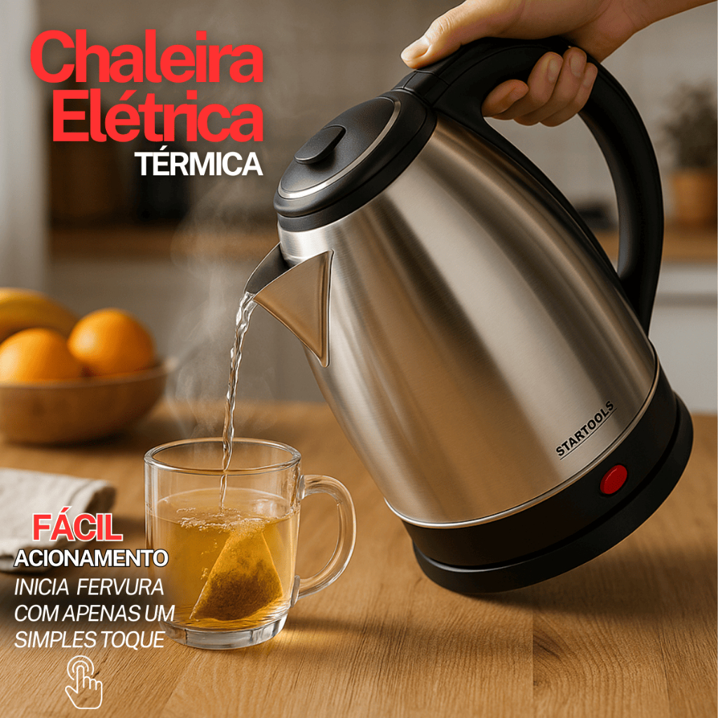 Chaleira Jarra Elétrica Inox 2 Litros Automática 1500W Desligamento Seguro 127V 220V Café Chá Água