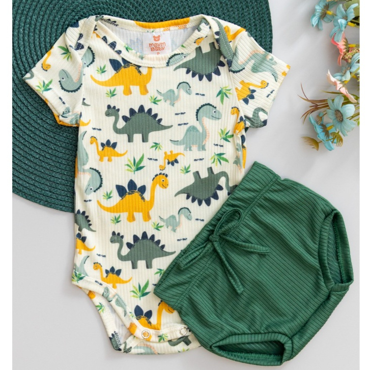 Conjunto Canelado Verão Fresquinho Menino Menina Body Estampado Dino e Tapa Fralda Verde