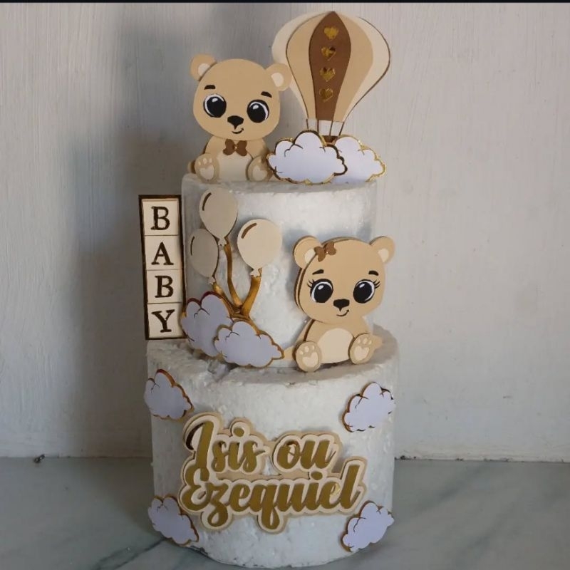Topo de bolo chá revelação neutro - bege e dourado - chá revelação- topo de bolo ursinhos - chá de fraldas, bebê, chá