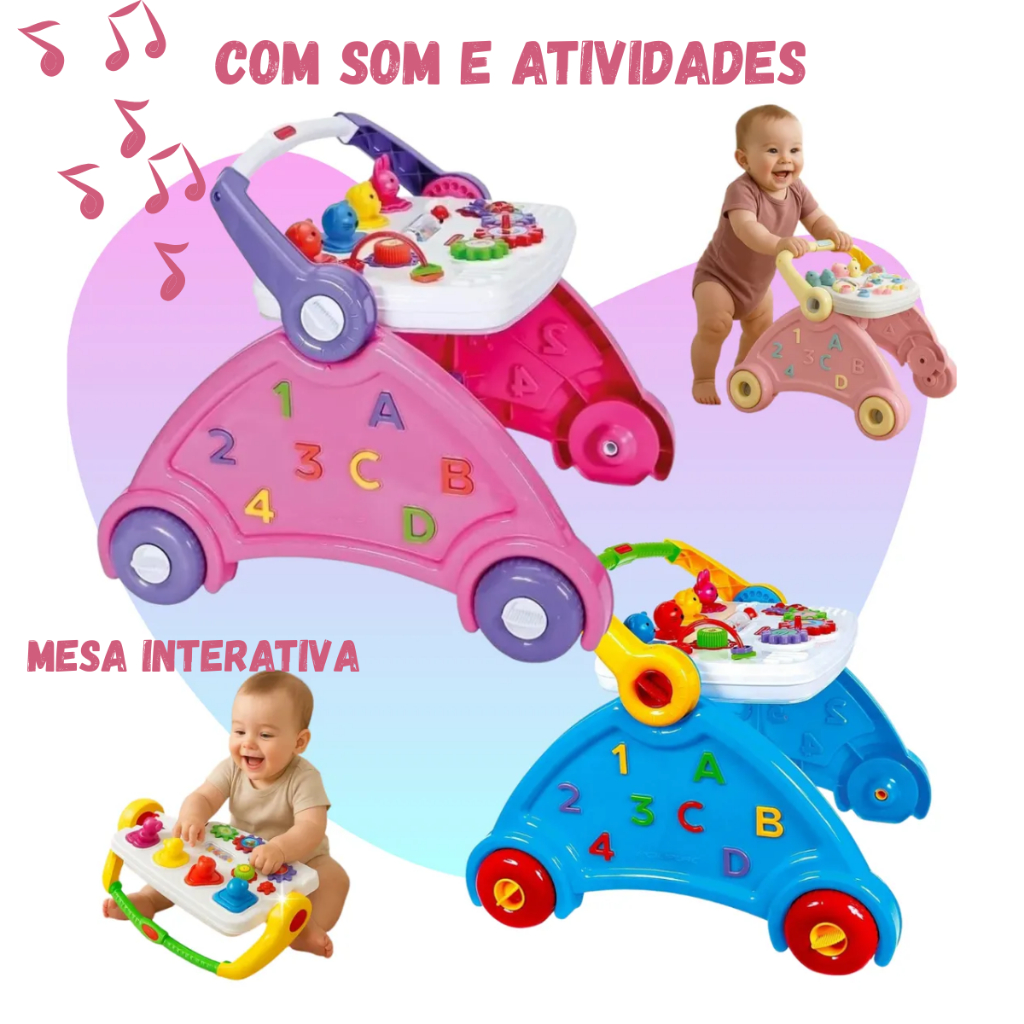 Andador Didático De Bebê Com Mesa E Som Atividades Infantil Escolha Rosa E Azul POLIPLAC