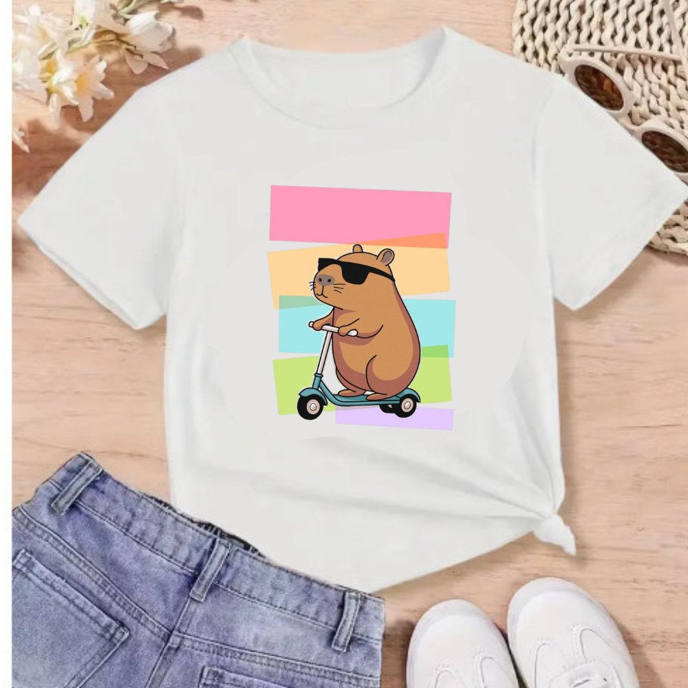 Camiseta Infantil  Blusa Manga Curta Estampada Capivara Patinete Algodão Camiseta Infantil Feminina 100% Algodão
