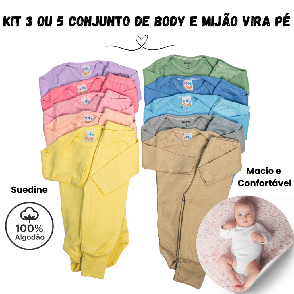 Kit 6 ou 10 Peças Body Manga Longa + Mijão Vira Pé Bebê Algodão | Enxoval Maternidade Menino/Menina