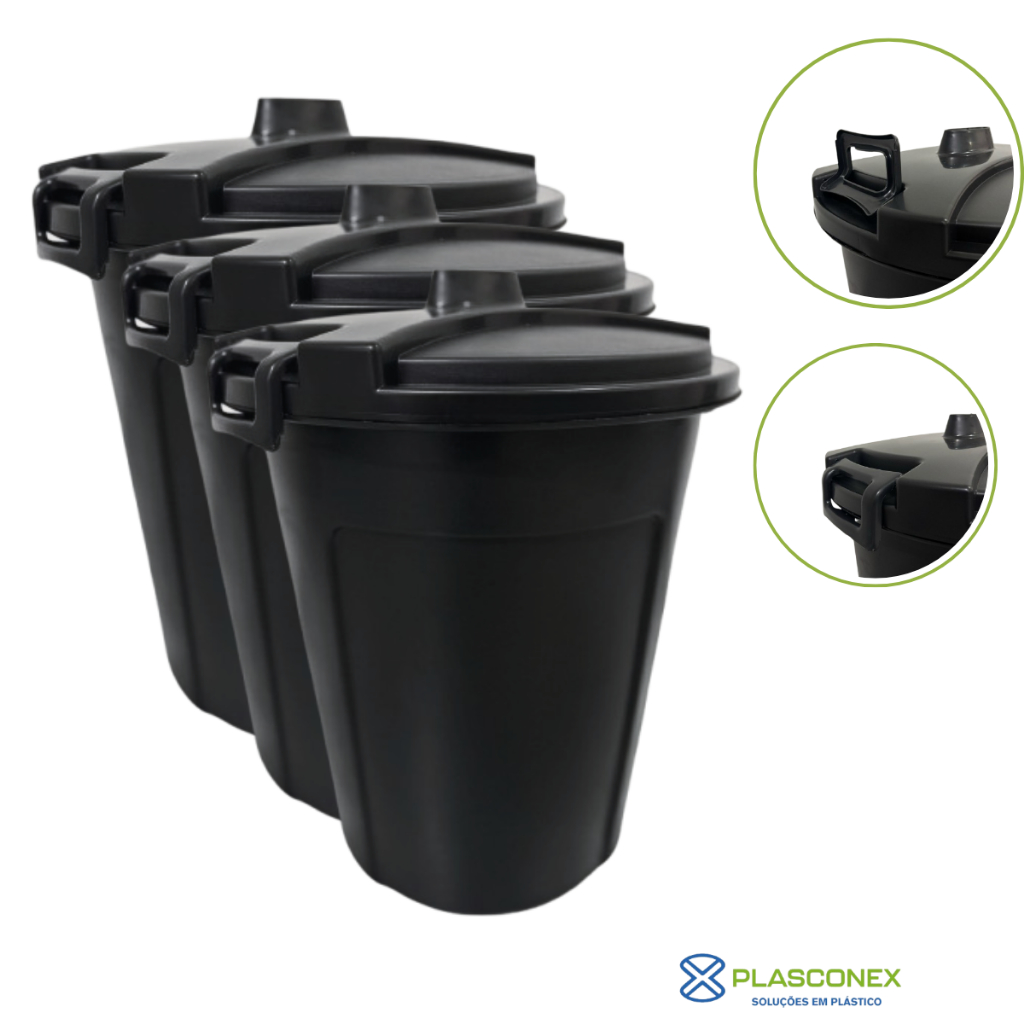 Kit 3 / 6 Lixeiras 60 Litros Preto C/ Trava - Plasconex