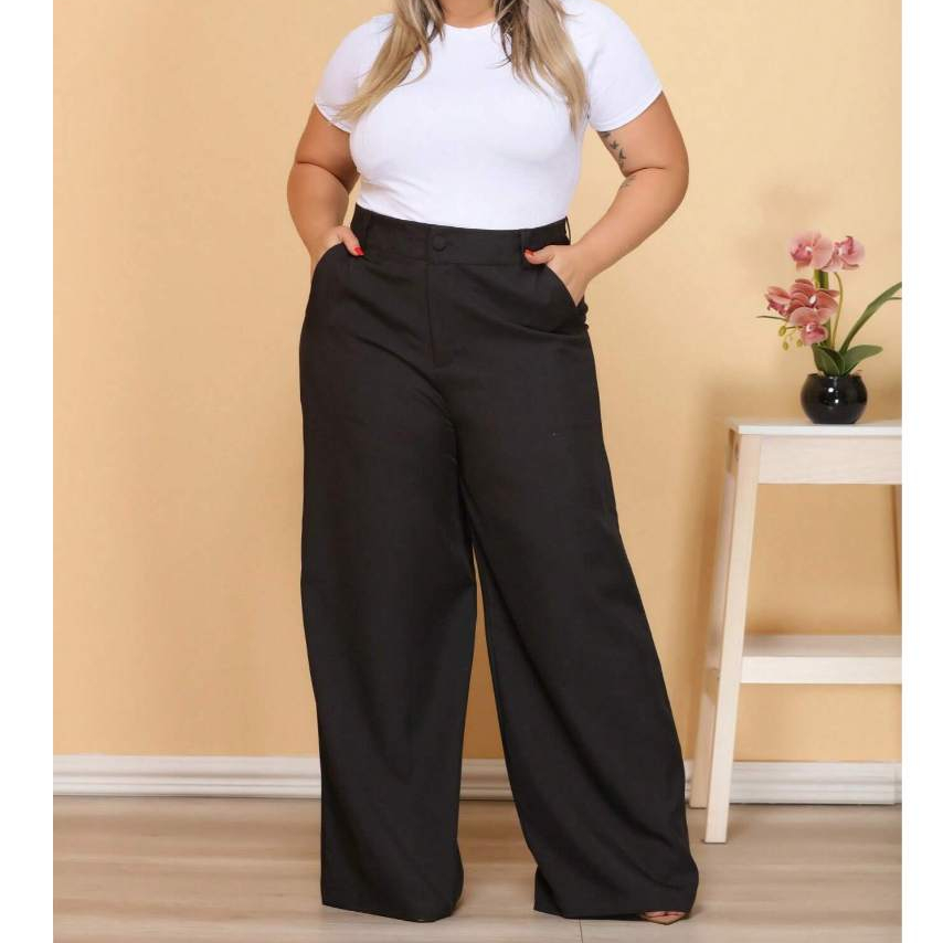 Calça Pantalona PLUS SIZE Alfaiataria Feminina com Cinto Zara Elegancia Social em Oferta na Shopee