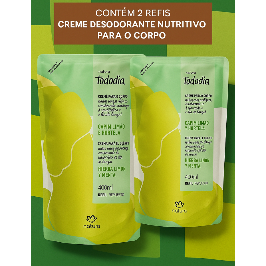 Kit Econômico com 2 Refis Creme Nutritivo Corporal Tododia Capim Limão e Hortelã Natura