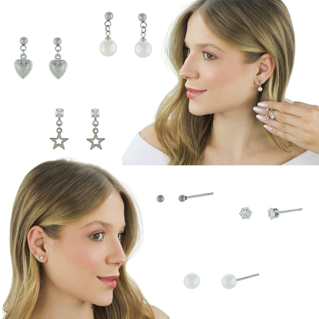 Kit 6 Pares de Brincos Aço Inoxidável Acessórios Feminino Semi Joias Antialérgico Conjunto Semaninha