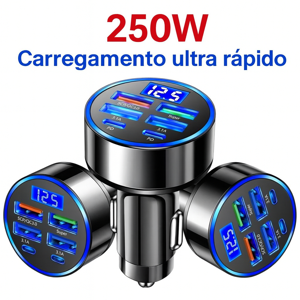 Carregador Turbo para Carros 250W 6 Portas USB+Tipo C - Carregamento Veicular Rápido Universal
