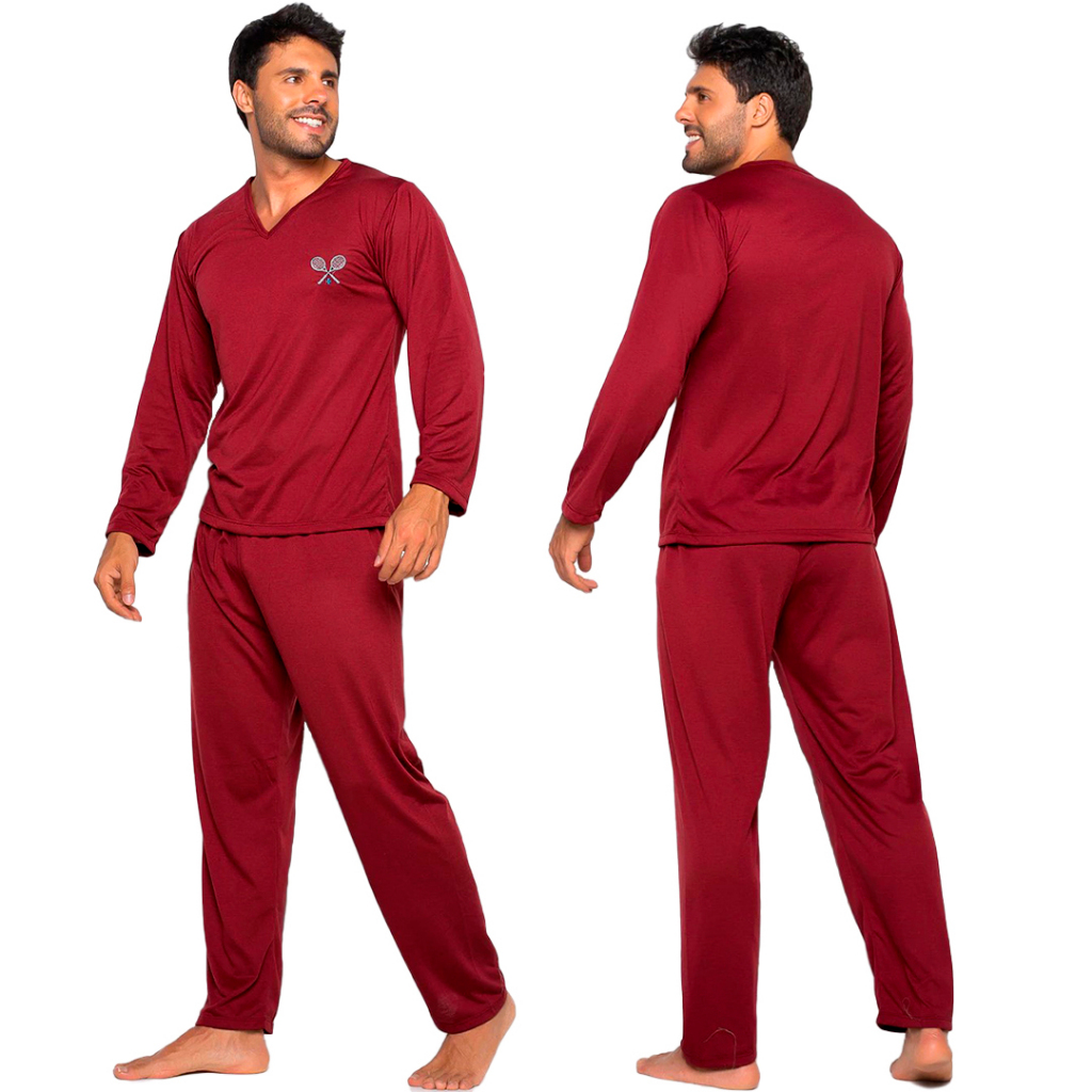 Pijama Masculino Manga Longa Conforto Traje de Dormir Inverno Elegante Liso