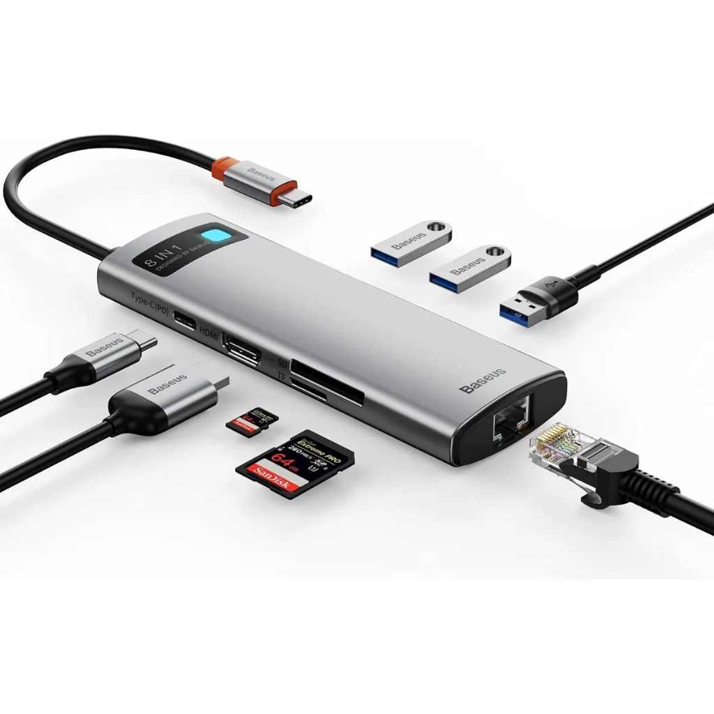 Hub Baseus 8 Em 1 Mac Windows Usb-C Adaptador 8 portas Hdmi 4K 60Hz Usb 3.0 5Gbps RJ45 Ethernet Cartão de Memória SD TF