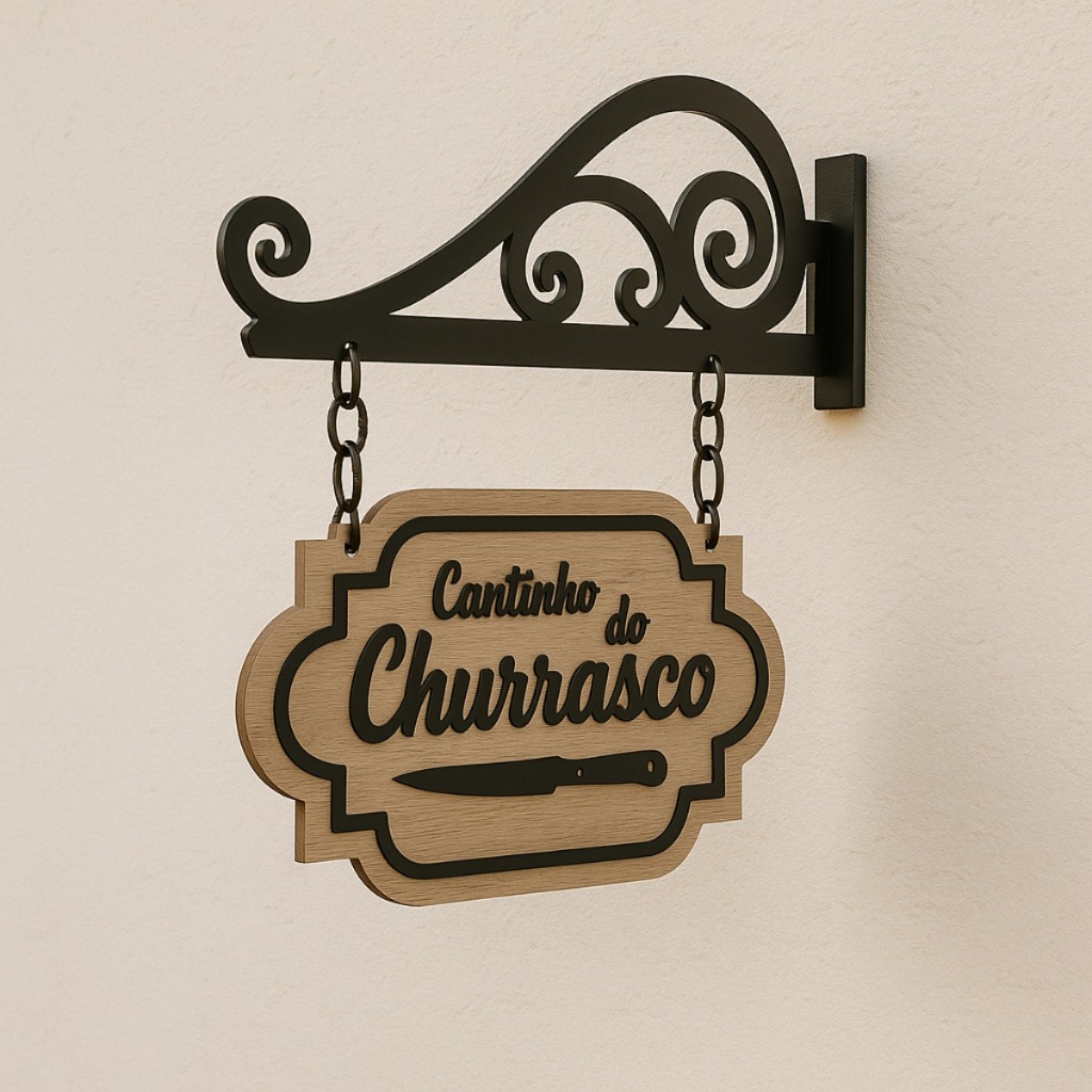 Placa Cantinho do Churrasco em MDF Decoração Artesanal com Suporte de Parede Incluso