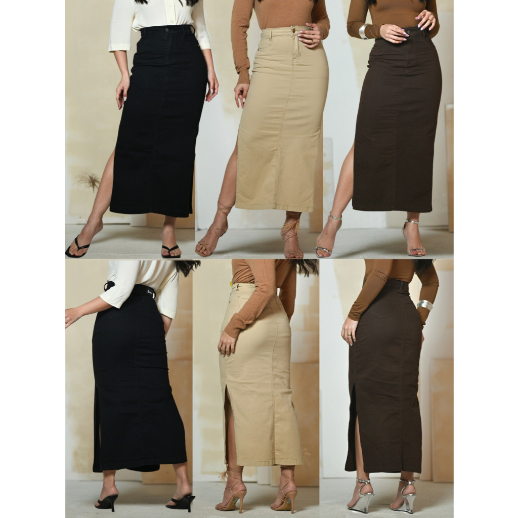 Saia Longa Feminina Cintura Alta Elastano Com Fendas Laterais Anagrom Jeans e Brim em Oferta na Shopee