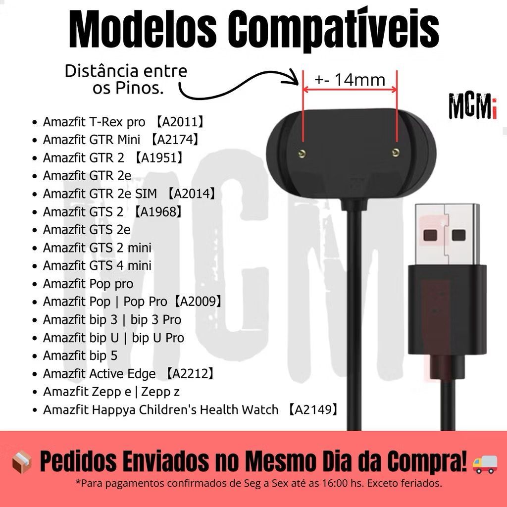 Carregador  Compatível Amazfit GTS 2 A1969, Bip U, Bip U Pro, Gts 2, Gtr 2e, Gts 2e, Gts 2 Mini, A