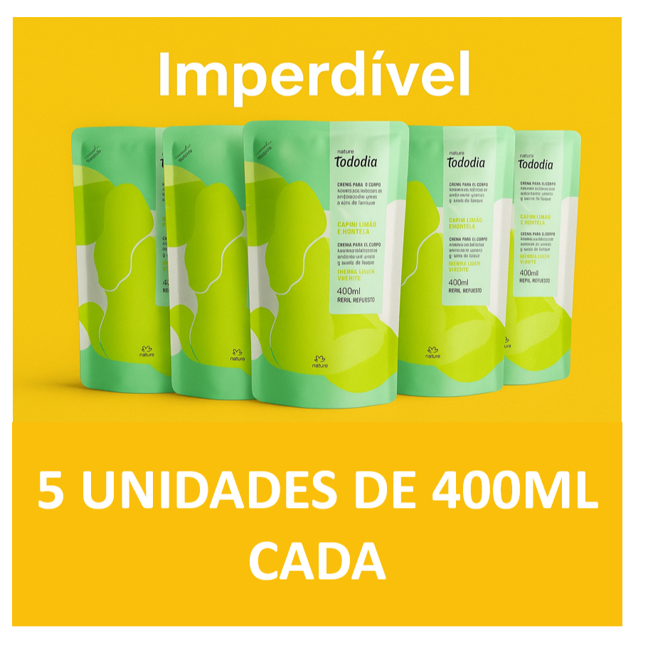 Kit 5 Refis Creme Corporal Nutritivo Tododia Capim Limão e Hortelã – Pele Macia e Revitalizada