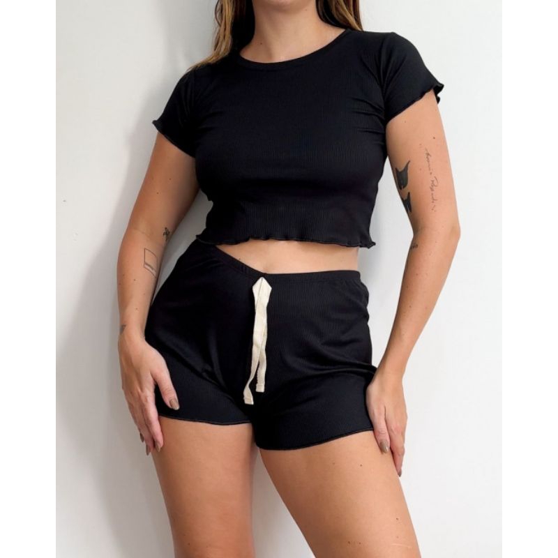 Pijama adulto feminino short e blusa cropped com manguinha pijama com textura canelado short doll baby doll