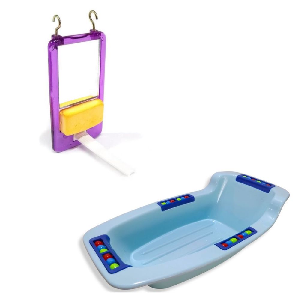 Kit Brinquedos Bica Bica Com Espelho Pedra de Cálcio e Banheira Para Aves e Calopsitas em Oferta na Shopee