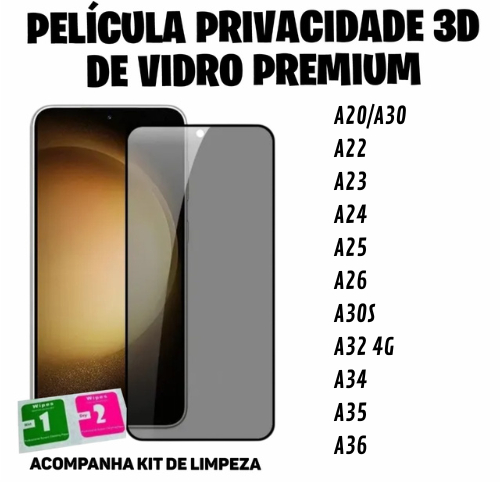 Película Privacidade 3D Vidro A20 A21S A22 A23 A24 A25 A26 A30 A30S A31 A32 4G A34 A35 A36 Samsung