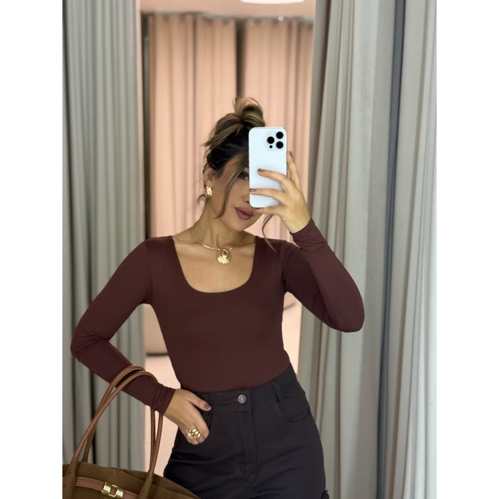 Body com Manga Longa e Decote em U Feminino – Collant Estilo Blogueirinha em Oferta na Shopee