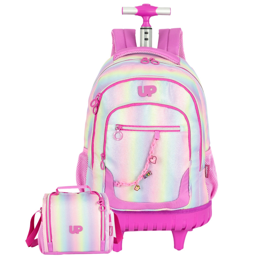 Kit Conjunto Escolar Juvenil Menina Degrade Arco Íris Up4You Mochila 2em1 Rodas e Costas + Lancheira Térmica em Oferta na Shopee