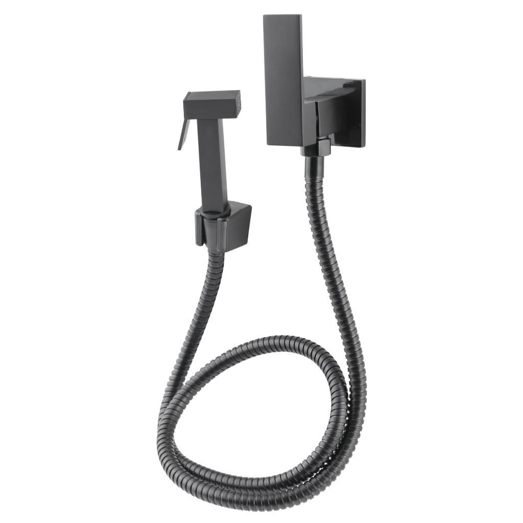 Ducha Higienica Chuveirinho Banheiro Quadrada 100% Metal Inox Preto Registro Suporte Mangueira Completa