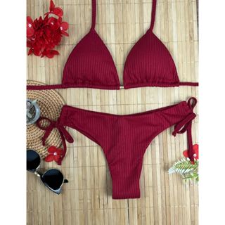 Biquini Cortininha Canelado Calcinha De Amarrar Feminino Moda Praia Biquini Fio Duplo Bojo Removível em Oferta na Shopee