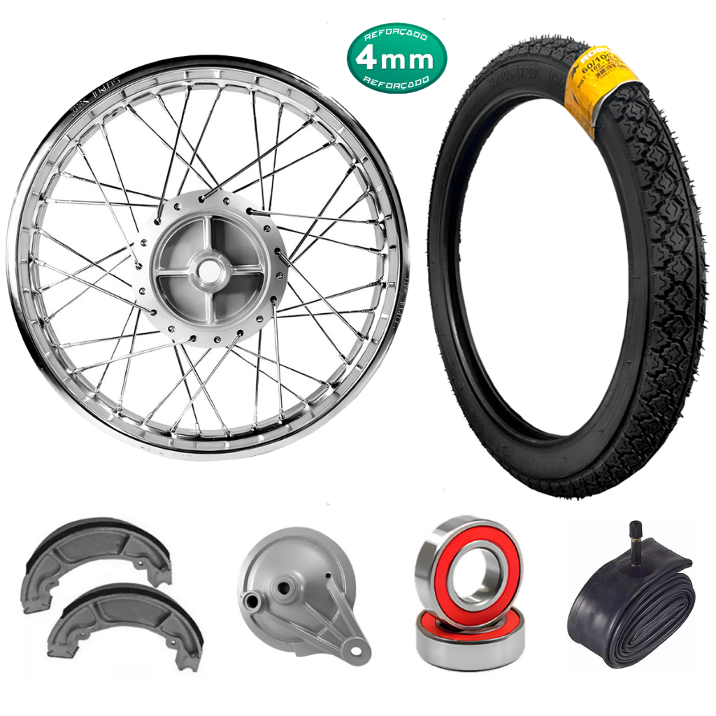 Roda ARO 17 Traseira Biz 100 Biz 125 Todas Raio 4mm Espelho Rolamento Lona Com Pneu Robust Câmara