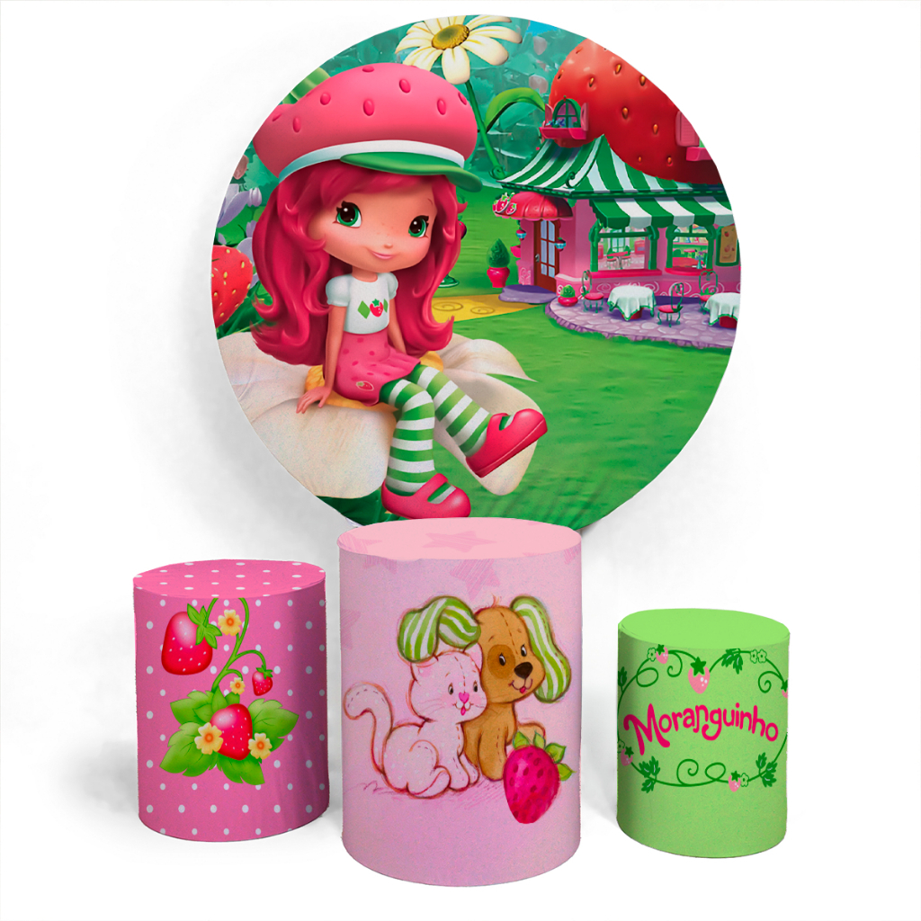 Kit Painel Decorativo Moranguinho Meninas Festa Comemoração Aniversário Divertido Evento + Trio Completo Alta Qualidade