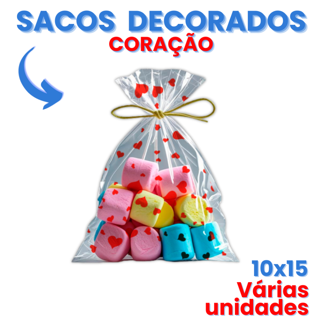 50 Saquinhos Celofane Plásticos Transparentes Decorados Coração 10x15cm 11x20 cm Lembrancinha Festa em Oferta na Shopee