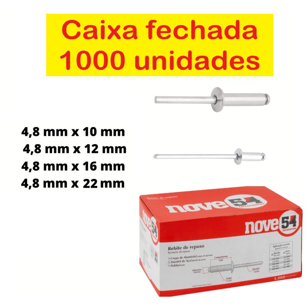 Rebite de repuxo Pop Alumínio 4,8 mm caixa fechada com 1.000 peças - NOVE54