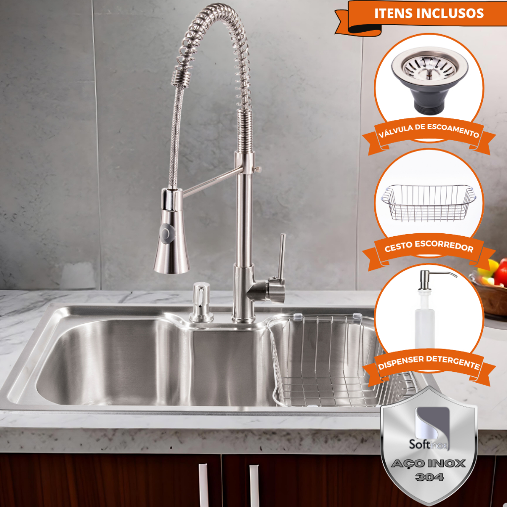 Cuba Cozinha Gourmet Inox Com Acessorios 60x40 e Torneira Monocomando Cromada 1 Saída