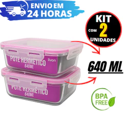 Kit 02 Potes Vidro Resistente C/ Tampa Hermético - Freezer Micro-ondas - Marmita 640 ML