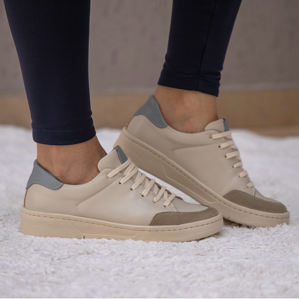 Tênis Casual Feminino Malu Couro Legítimo Tricê Calce Fácil Macio Leve Estiloso Branco Preto