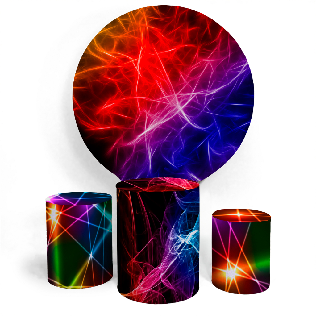 Kit Painel Decoração Rave Neon Balada Redondo Capa Veste Fácil E Capa Trio Cilíndro Personalizado Festa De Aniversário