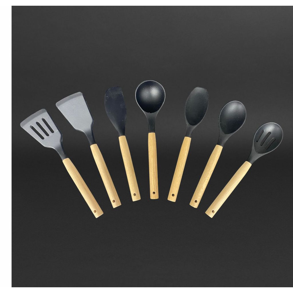 KIT de Utensílios Para Cozinha em Silicone e Bambu 7 Peças