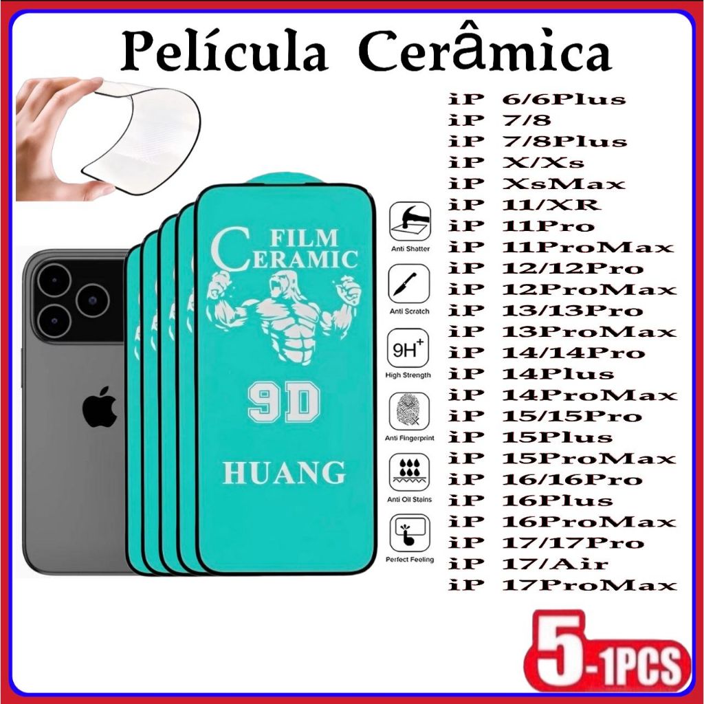Película Cerâmica 9D 3D iPhone Gel Hidrogel Flexível iPhone 17 16 15 14 13 12 11 Pro max Xs XR 6plus 7plus