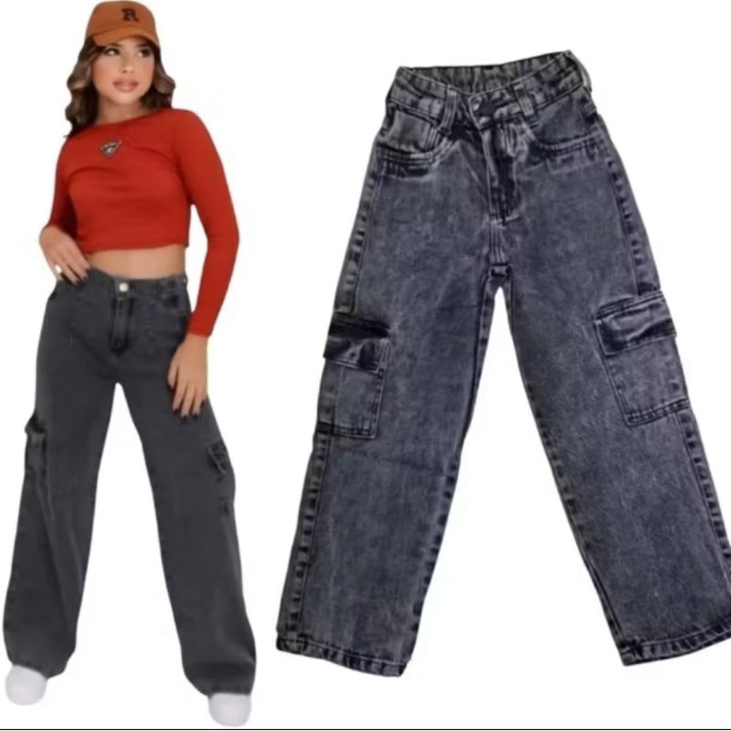 calça cargo grafite jeans juvenil com regulagem bloquerinha menina calça wide leg infantil preta Tam 10 12 14 16 tá
