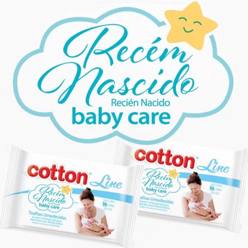 Lenços Umedecidos Recen Nascido Cotton Line -  48 toalhas em cada Pacote.