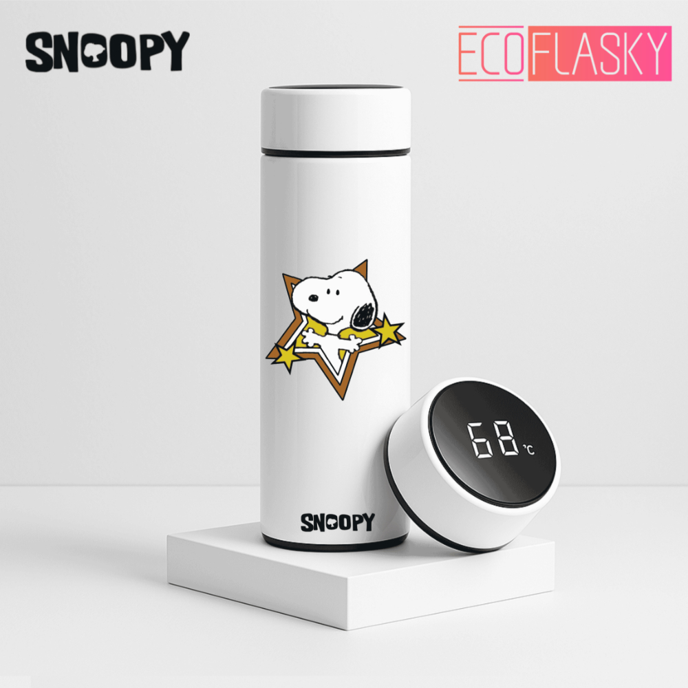 Garrafa Térmica de Água Infantil de Aço Inoxidável Snoopy com Termometro LED Digital Estam...