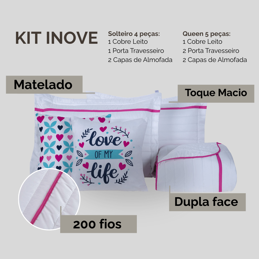Kit Cobre Leito Colcha Queen 5 Peças Percal Dupla Face Inove Jogo De Cama Casal Queen