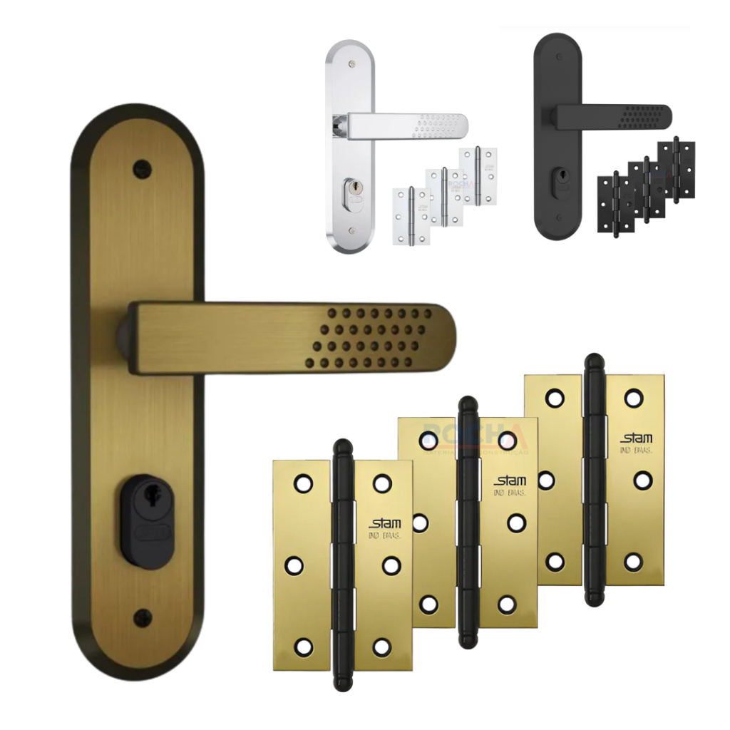 Kit Fechadura Reforçada Luxo Porta de Madeira 1801/21 Stam + 3 Dobradiças