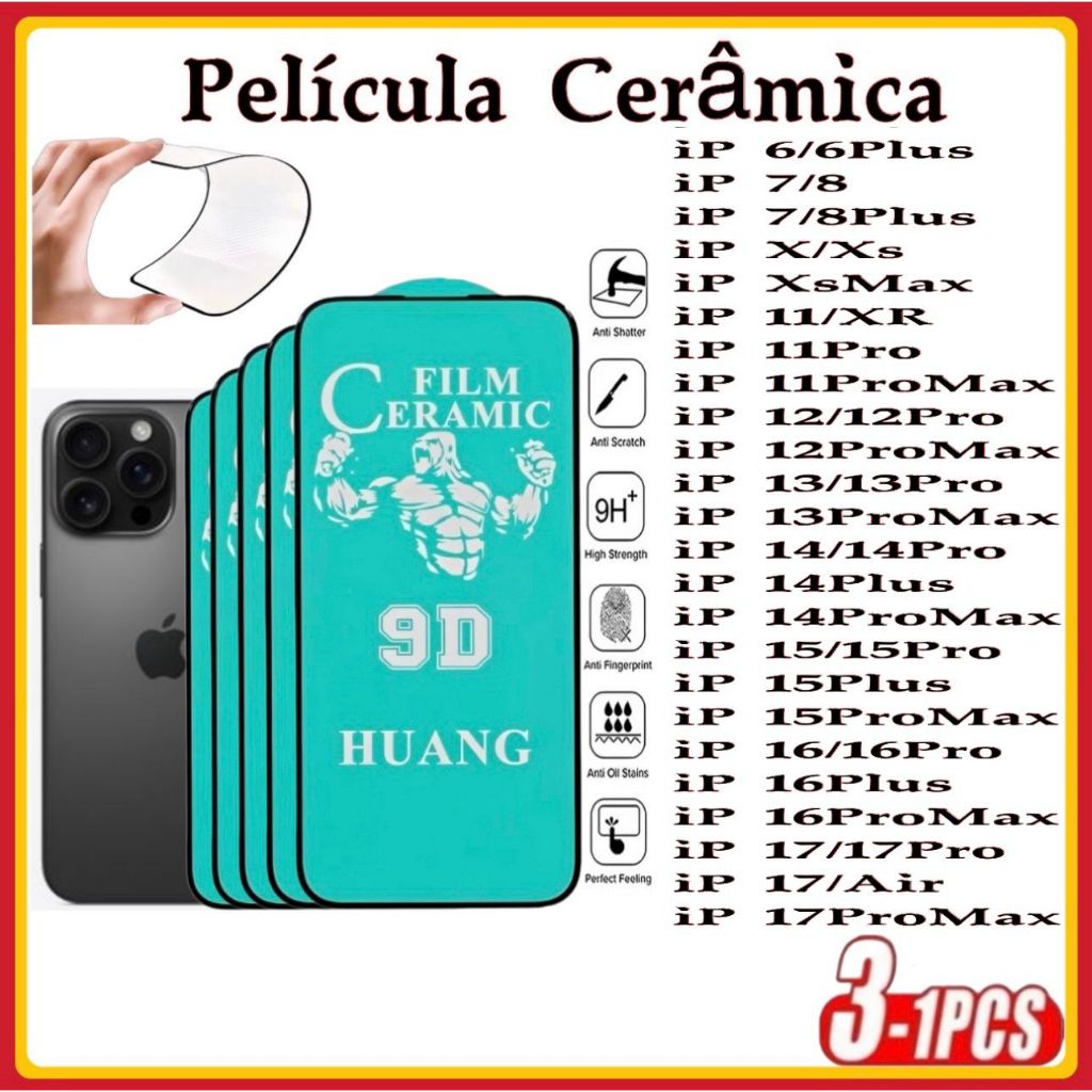 Película Cerâmica 9D 3D iPhone Gel Hidrogel Flexível 6PLUS 7PLUS 8 PLUS XR XS 11 12 13 14 15 16 16PROMAX 17 17 PROMAX