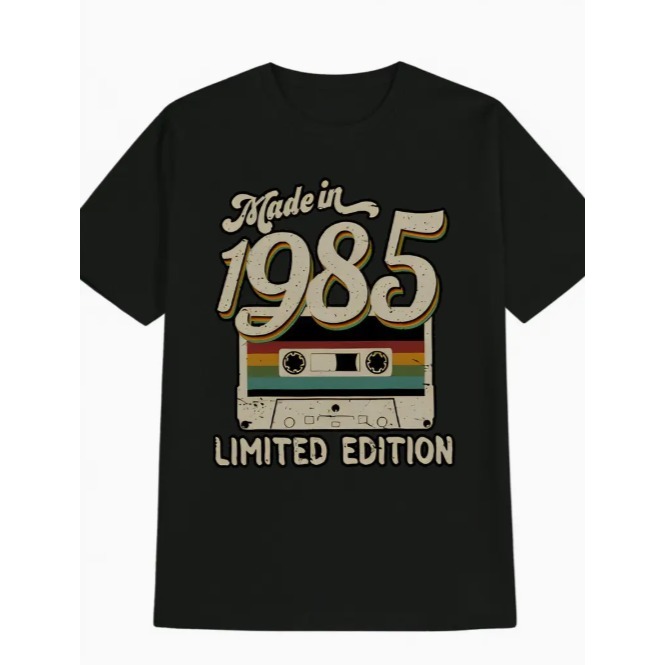 T shirt casual gola redonda para homem com design de fita vintage 1985 perfeita para o verão retro