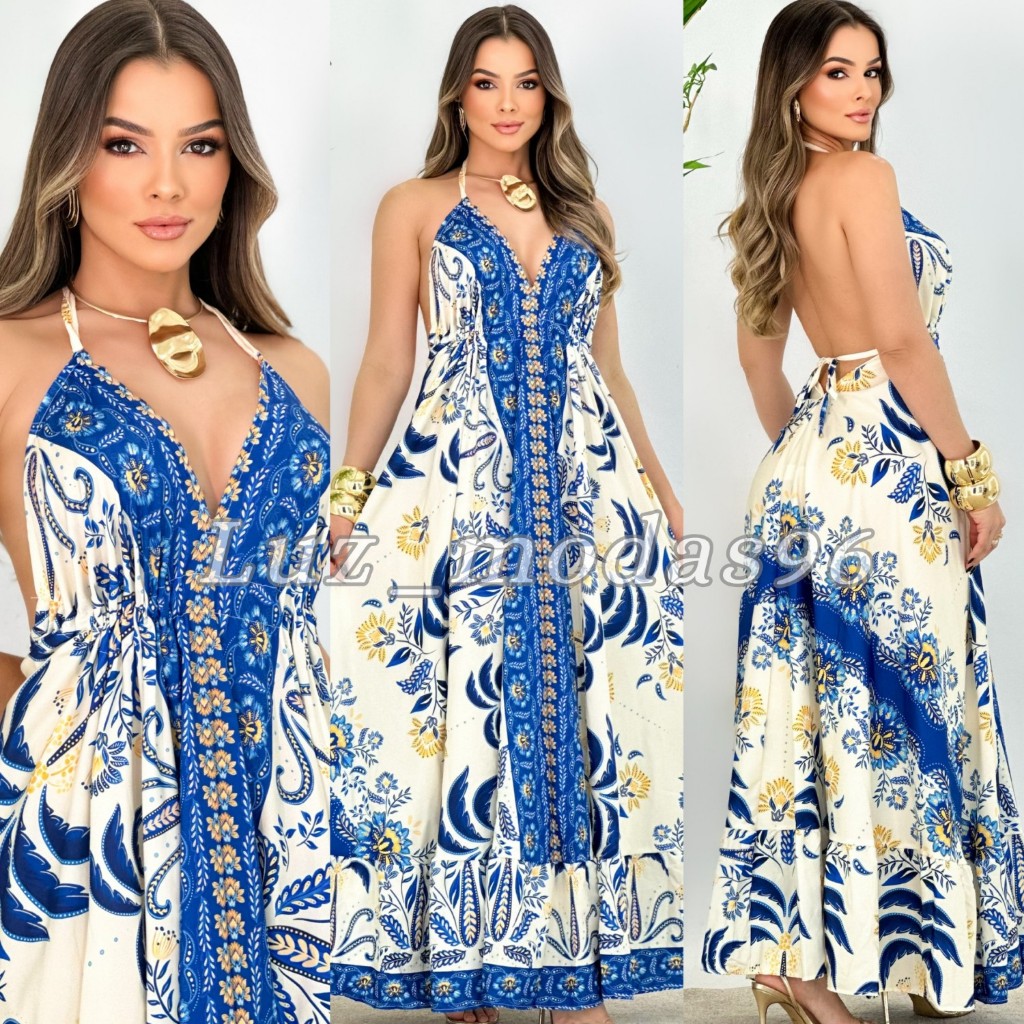 Vestido Feminino Longo Estilo Indiano Frente Única e Costa Nua, Estampado Elegante.