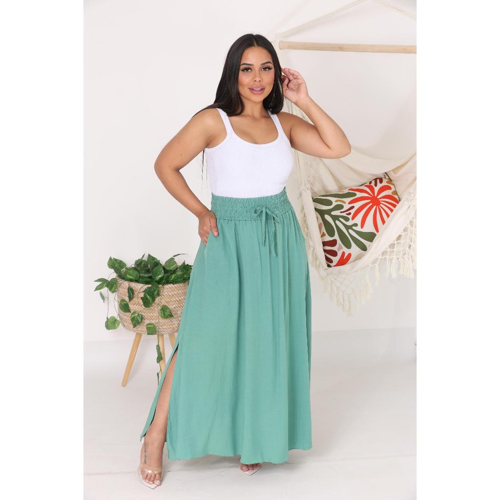 Saia Feminina Moda Evangélica Em Viscolinho Cintura Alta Com Bolso e Fenda Na Lateral em Oferta na Shopee