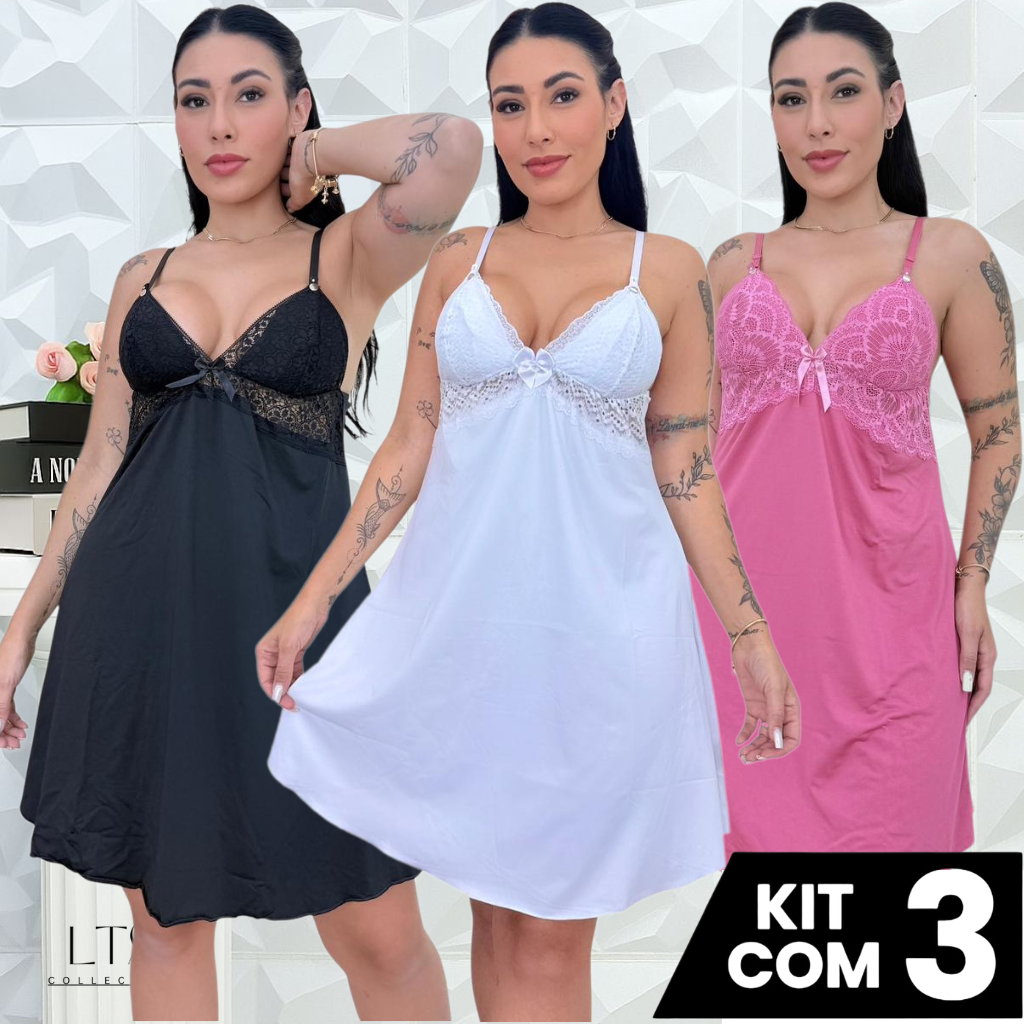 KIT 3 Camisola Amamentação Detalhe em Renda Conforto Gestante Maternidade Pós-parto Pijama Linha Noite em Oferta na Shopee