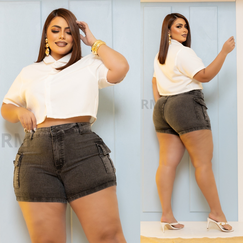 SHORTS JEANS FEMININO CARGO PLUS SIZE C/ LYCRA CINTURA ALTA em Oferta na Shopee
