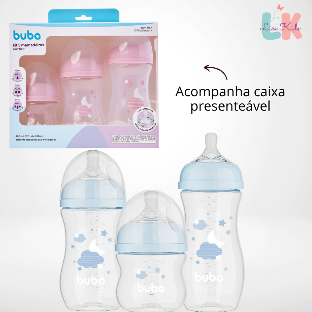 Mamadeiras Buba Easy Flow Nuvem Anticólica Com Caixa 120, 270 e 330ml Rosa Branco ou Azul